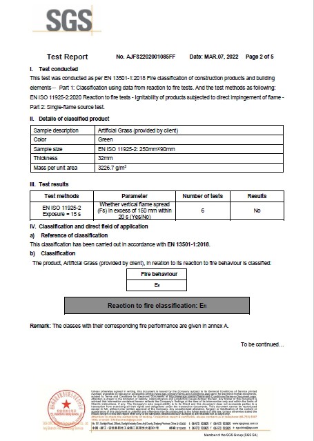 Flame Retardant Test Certification for Synthetic Turf Roll Flame Retardant Test Certification for Synthetic Turf Roll